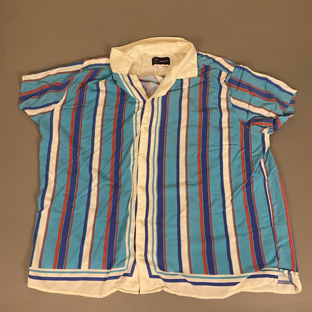 Original Use Button Down Camp Shirt Men's XXL Blue Striped Short Sleeve Rayon